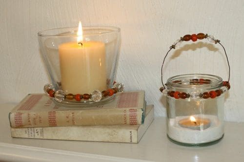 beads, candles, fall mantel, tablescape