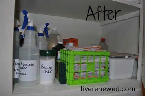organizing homemade cleaners and supplies