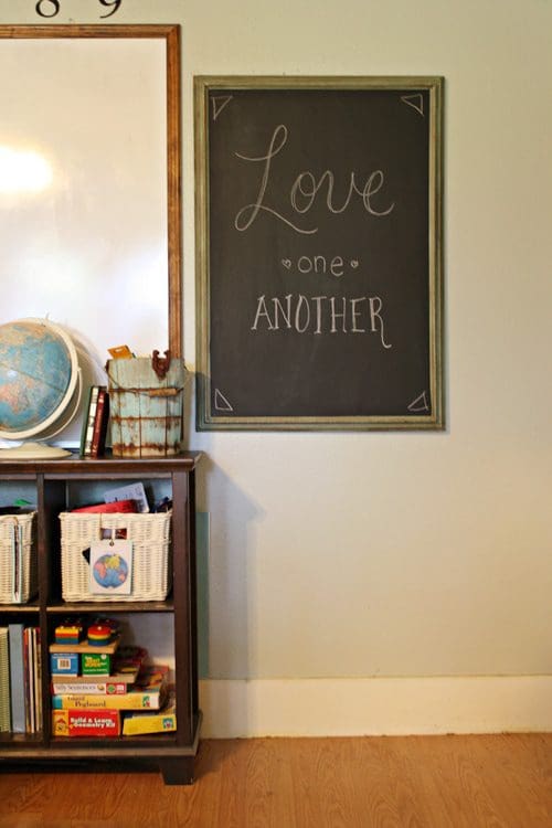 write a welcome message on a framed chalkboard